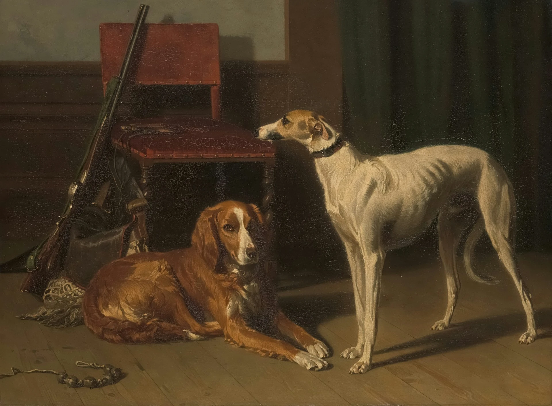 An oil painting shows two hunting dogs. A rifle rests against the chair.